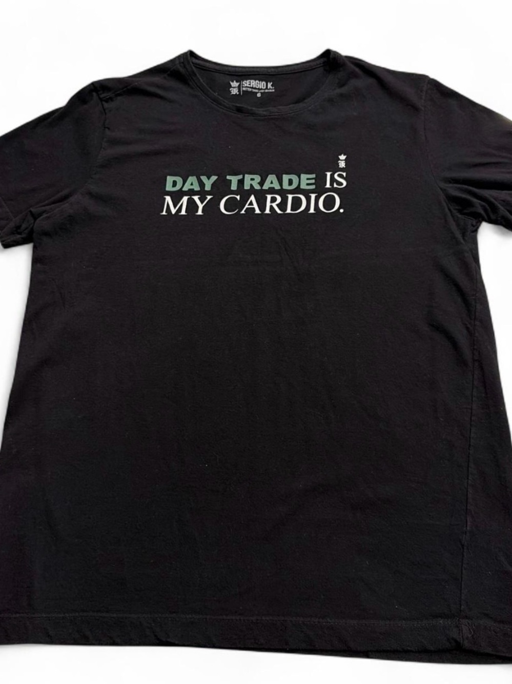 SERGIO K. Men’s Black Graphic Tee - "Day Trade Is My Cardio." Sz L gently used